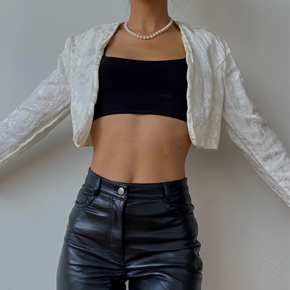 Vintage Scott McClintock Floral Satin Cropped Ivory Bolero Jacket